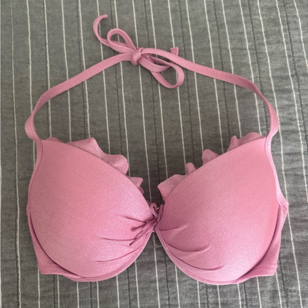 NWOT Victoria’s Secret Sparkly Pink Ruffle Bikini Top